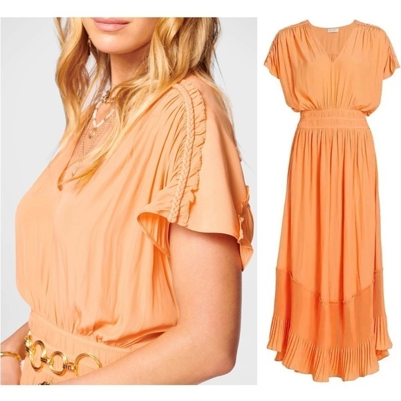 RAMY BROOK Short Sleeve Smocked Waist Pleated Flounce Hem Ruffle Maxi Gown M - Picture 9 of 11
